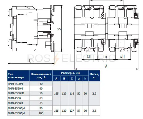 Контактор ПМЛ-3500-40А-220AC-УХЛ4-Б реверсивный 1з+1р КЭАЗ 110614 - Ros-Electric