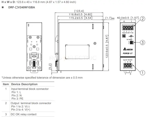 Блок питания 240Вт, 10А, 90-264В AC / 24В DC Delta Electronics DRF-24V240W1GBA - Ros-Electric