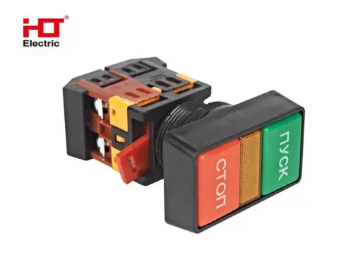 Кнопка PPВВ-30N "Пуск-Стоп" прямоугольная d=30мм неон/240В 1з+1р HLT ELECTRIC 085-07-303 - Ros-Electric