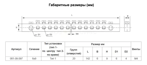 Шина PEN "земля-ноль"6х9мм 20/1 (20 групп/крепеж по центру) никелированная HLT ELECTRIC 081-09-097 - Ros-Electric