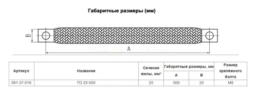 Шлейф заземления плоский луженый ПЗ 25-500 M8 (2шт./уп) HLT ELECTRIC 081-37-019 - Ros-Electric