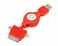 USB кабель-рулетка 3 в 1 для iPhone 5/microUSB/iPhone 4 красный 18-4055 Noname