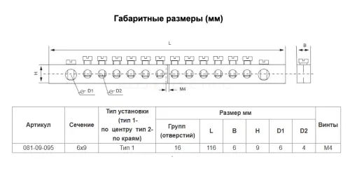 Шина PEN "земля-ноль"6х9мм 16/1 (12 групп/крепеж по центру) никелированная HLT ELECTRIC 081-09-095 - Ros-Electric