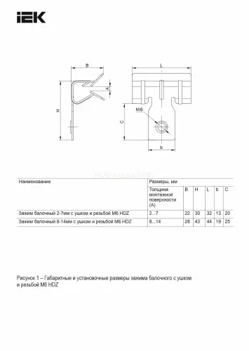 Зажим балочный 8-14мм с ушком и резьбой М6 HDZ IEK CME40-BZUR-06-HDZ - Ros-Electric
