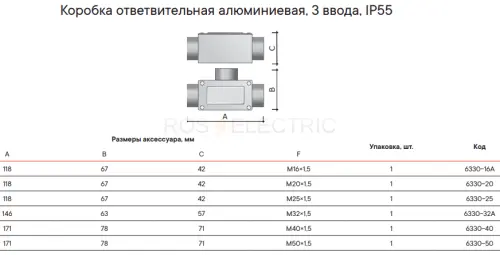 Коробка ответвительная алюминиевая, 3 ввода, М32х1,5 ,IP55, 146х63х57мм DKC 6330-32A - Ros-Electric