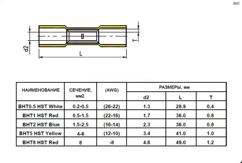 Гильза соединительная для кабеля с термоусадкой BHT0.5 HST, 9 А, 26-22 AWG, медь луженая, белая BHT0 Ruichi 108102 - Ros-Electric