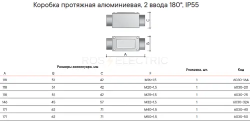 Коробка протяжная алюминиевая, 2 ввода 180°, М32х1,5 ,IP55, 146х45х57мм DKC 6030-32A - Ros-Electric