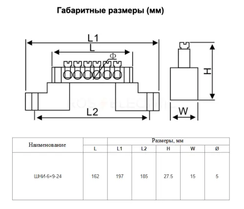 Шина N "ноль" на двух угловых  изол ШНИ-6х9-24-У2-никелированная синий HLT ELECTRIC 081-01-120 - Ros-Electric