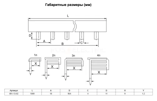Шина соединительная типа PIN (штырь) 2Р 63А (дл.1м) HLT ELECTRIC 081-13-02 - Ros-Electric