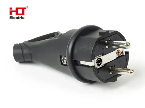 Вилка угловая каучуковая с ушком 2Р+РЕ 16А 250В IP44 HLT ELECTRIC 083-05-07 - Ros-Electric