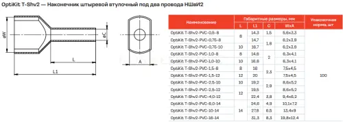 Наконечник штыревой втулочный под два провода OptiKit T-Shv2-PVC- 1,0-10(100шт) КЭАЗ 278046 - Ros-Electric