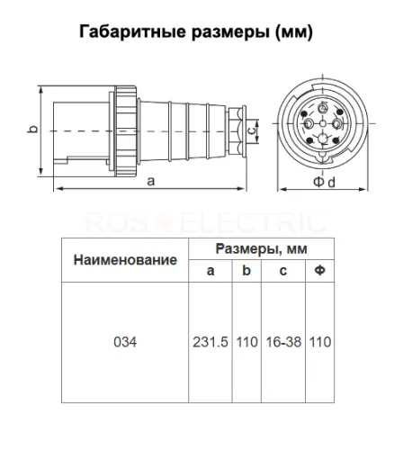 Вилка 034 3Р+РЕ 63А 380В IP54 HLT ELECTRIC 083-03-08 - Ros-Electric